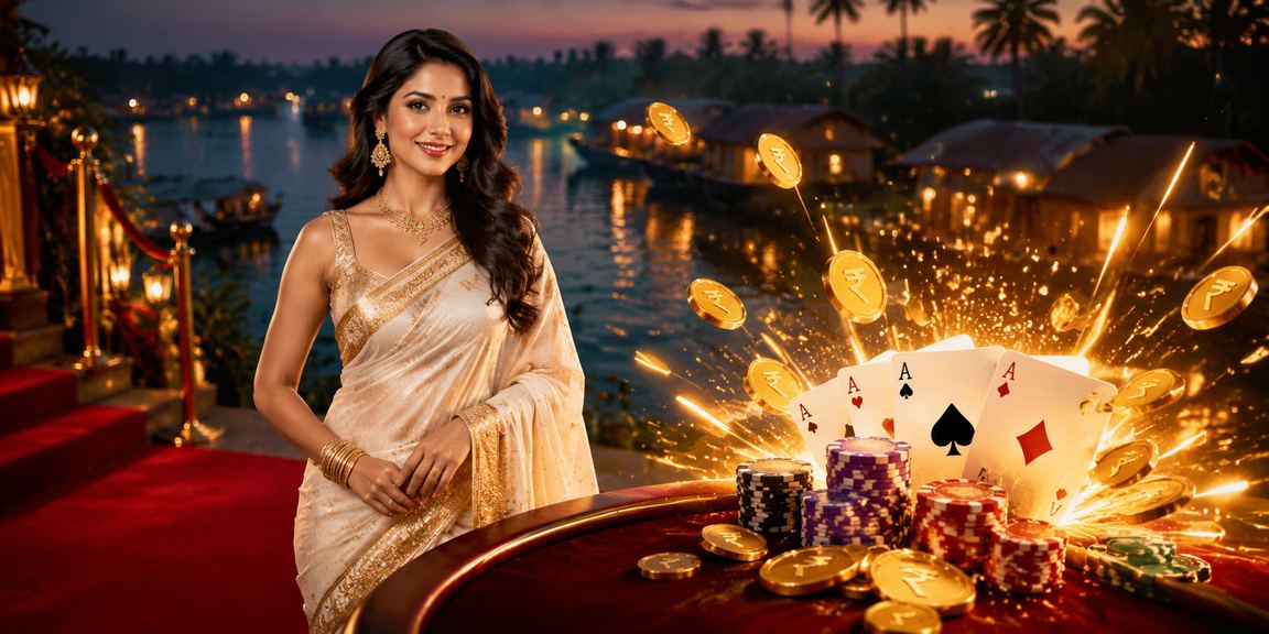 Players enjoying poker game in Kerala setting with live dealer